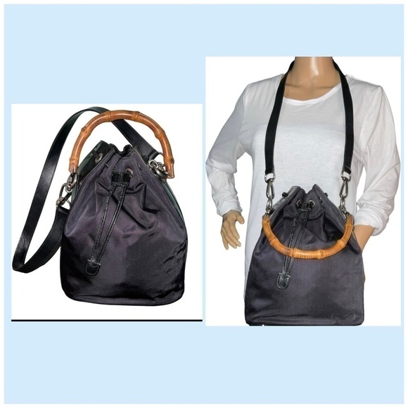 Gucci Black Nylon Vintage Bamboo Drawstring Two Way Nylon Bucket Bag.C/Body - Picture 2 of 15